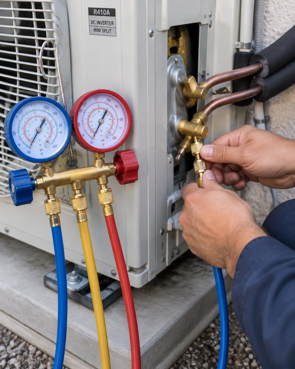 Técnico conectando líneas de refrigerante a la unidad exterior